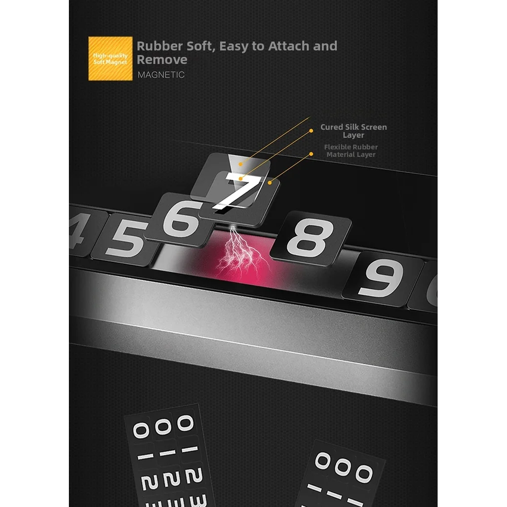Aluminum Alloy Space Silver Parking Number Display Sign for Cars Temporary Stop Card with Magnetic Tiles and Concealment