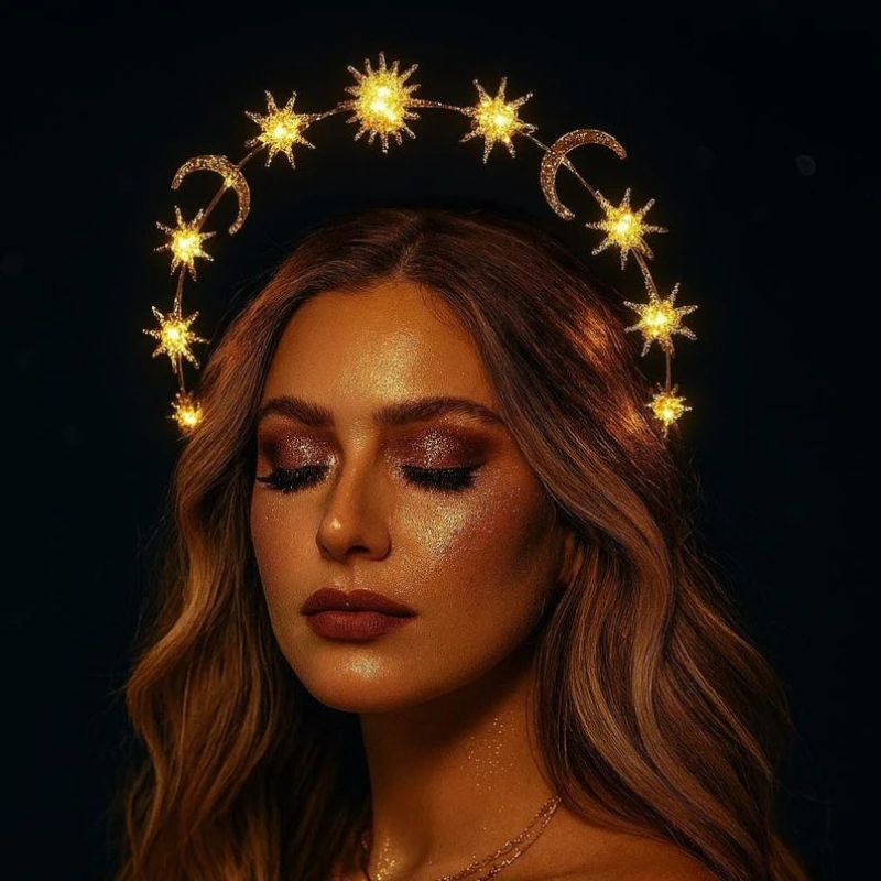 Star Moon Rhinestone Halo Crown, LED Glow Crystal Celestial Headband for Women Wedding Rave Halloween Bridal  Celestial Hair
