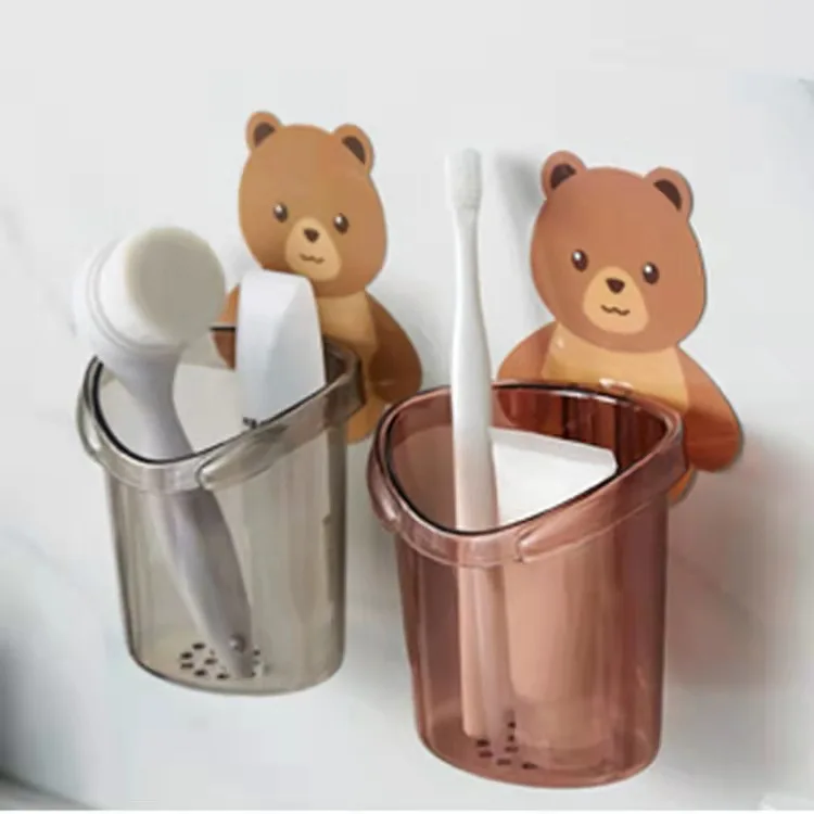 Cute Bear Puch Free Toothbrush Holder Bathroom Wall Mounted Toothpaste Toothbrush Storage Bucket Toilet Toiletries Rack