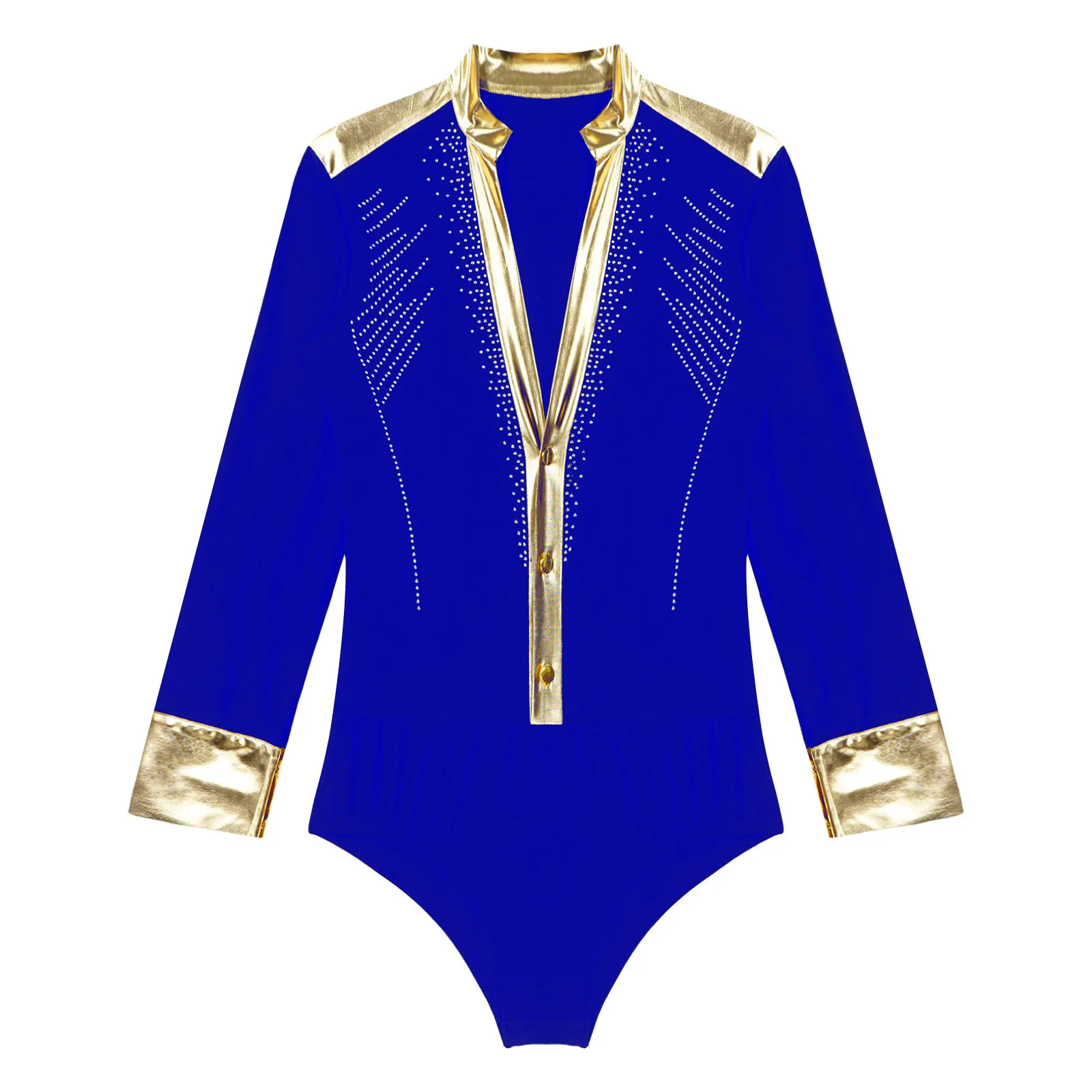 Mens Latin Dance Leotard Shirts Shiny Gold Trim V Neck Long Sleeve Tuxedo Bodysuits Modern Jazz Latin Rumba Ballroom Costume