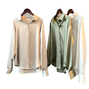 Ipek kore ofis bayanlar zarif gömlek bluz kadınlar moda düğme Up saten gömlek Vintage beyaz uzun kollu gömlek Tops 5XL 6XL