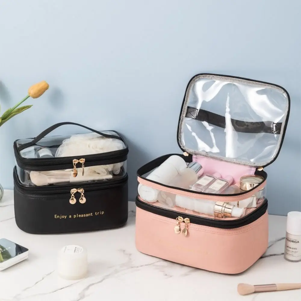 Borsa cosmetica a doppio strato da viaggio custodia per trucco di grande capacità in semplici borse da toilette custodia per trucco con cerniera