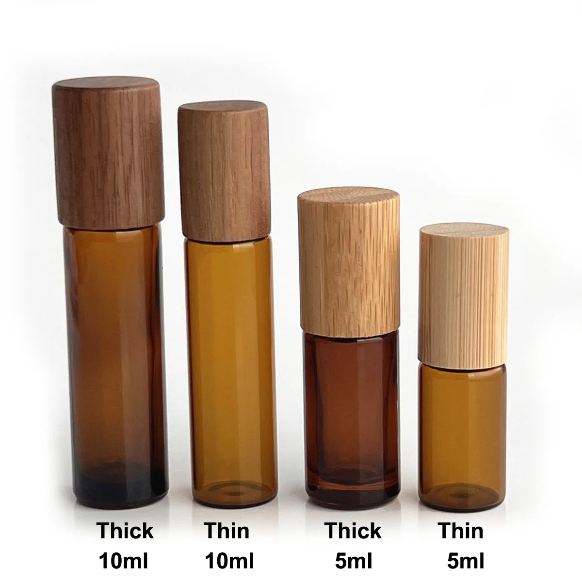 1x Flacon roll-on en verre ambré/transparent de 5 ml ou 10 ml avec bouchon en bois naturel épais/fin, échantillon de flacon à bille pour huiles essentielles et parfums