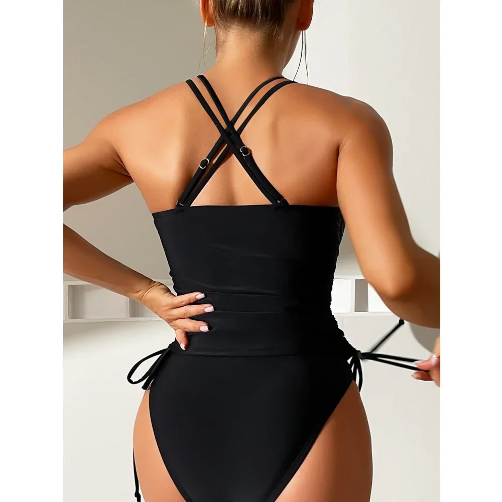 Effen Kleur Badpak Vrouwen 2024 Hoge Taille Tankini V-Hals 2 Delige Bretels Bikini Badpak Vetersluiting Rugloze Strandkleding