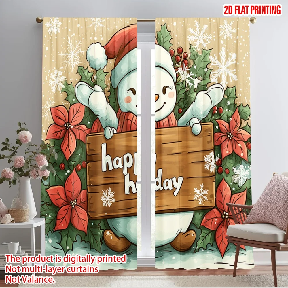 2pcs,2D plane printing Light Filtering Curtains Cute Snowman Happy Holidays Sign (3) 100% Polyester (without rod) All Seasons