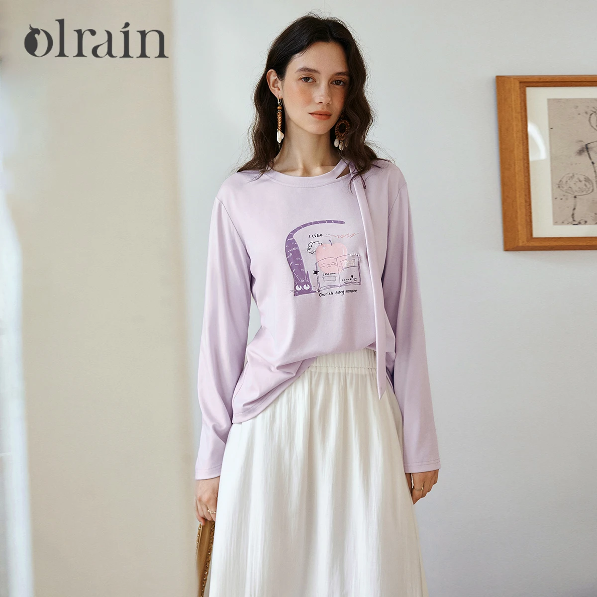

OLrain 2026 Spring New Women's Purple Cat Print Handmade Beaded Ribbon Long Sleeve T-Shirt Casual Top O58CT003229
