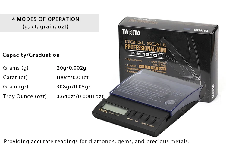 Tanita 1210N Professionelle Diamant- und Edelsteinwaage, 0,01 ct Genauigkeit, 100 ct Kapazität, 4 Wägemodi, digitale Schmuckwaage – Detail 1