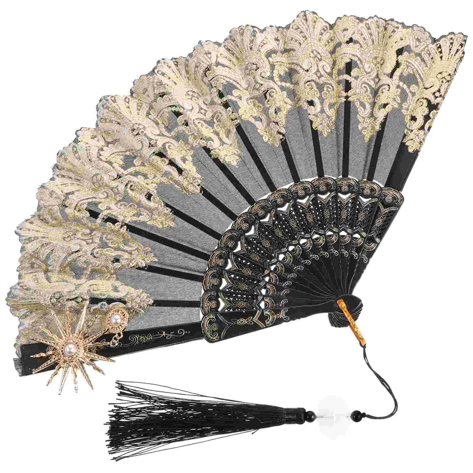 Palace Style Folding Fan Cloth Hand for Women Foldable Held Vintage Handheld Portable Wedding Pendant