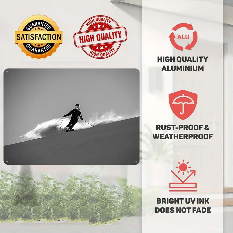 Skier in Powder Poster Retro 3D Printed Metal Signs Customized Wall Hanging Gift for Decor Living Room Decoration Man Wand Deko