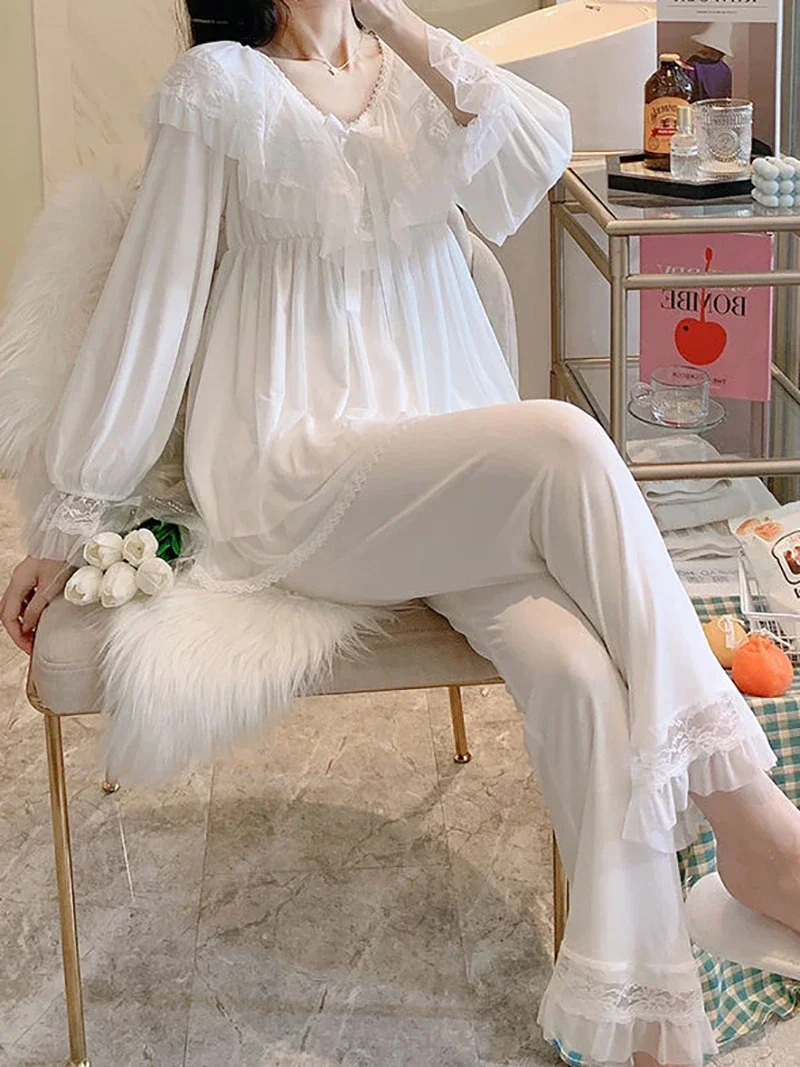 Women Fairy Ruffles Modal Lace Victorian Pajamas Loungewear Two Piece Pantsuits Lolita Vintage Princess Nightgowns Sleepwear