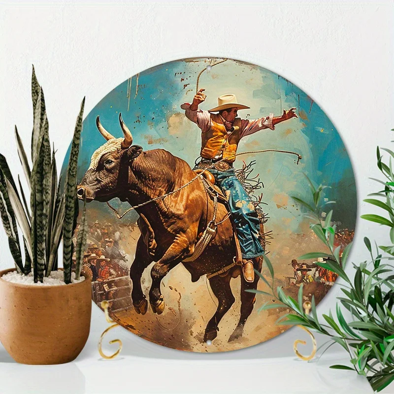 1pc 8 Inch Round Aluminum Metal Sign Vintage Bull Riding Western Cowboy Wall Art Waterproof HD Print Pre-Drilled Hole Home Garag