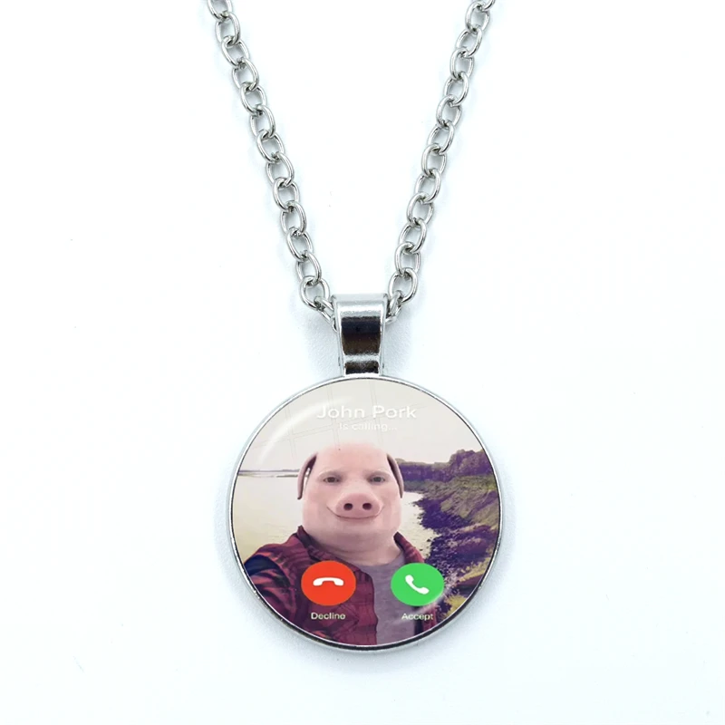 John Pork Is Calling Answer Call Phone Necklace Humor Funny Pig Cabochon Glass Pendant Fashion Statement Crystal Necklace