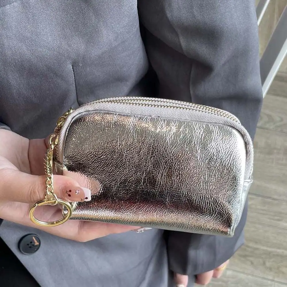 Fashion Design Three Layers Silver Wallet Genuine Leather Solid Color Zipper Coin Purse Mini Korean Style Small Item Bag Travel