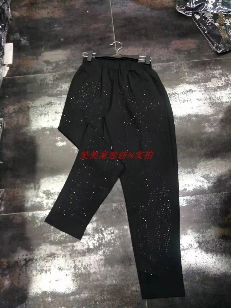 Autumn 2023 Spring Loose Fashion Cotton Diamond Black Skinny Women Elastic Waist Slimming Harem Baggy Pants Oversized 6XL