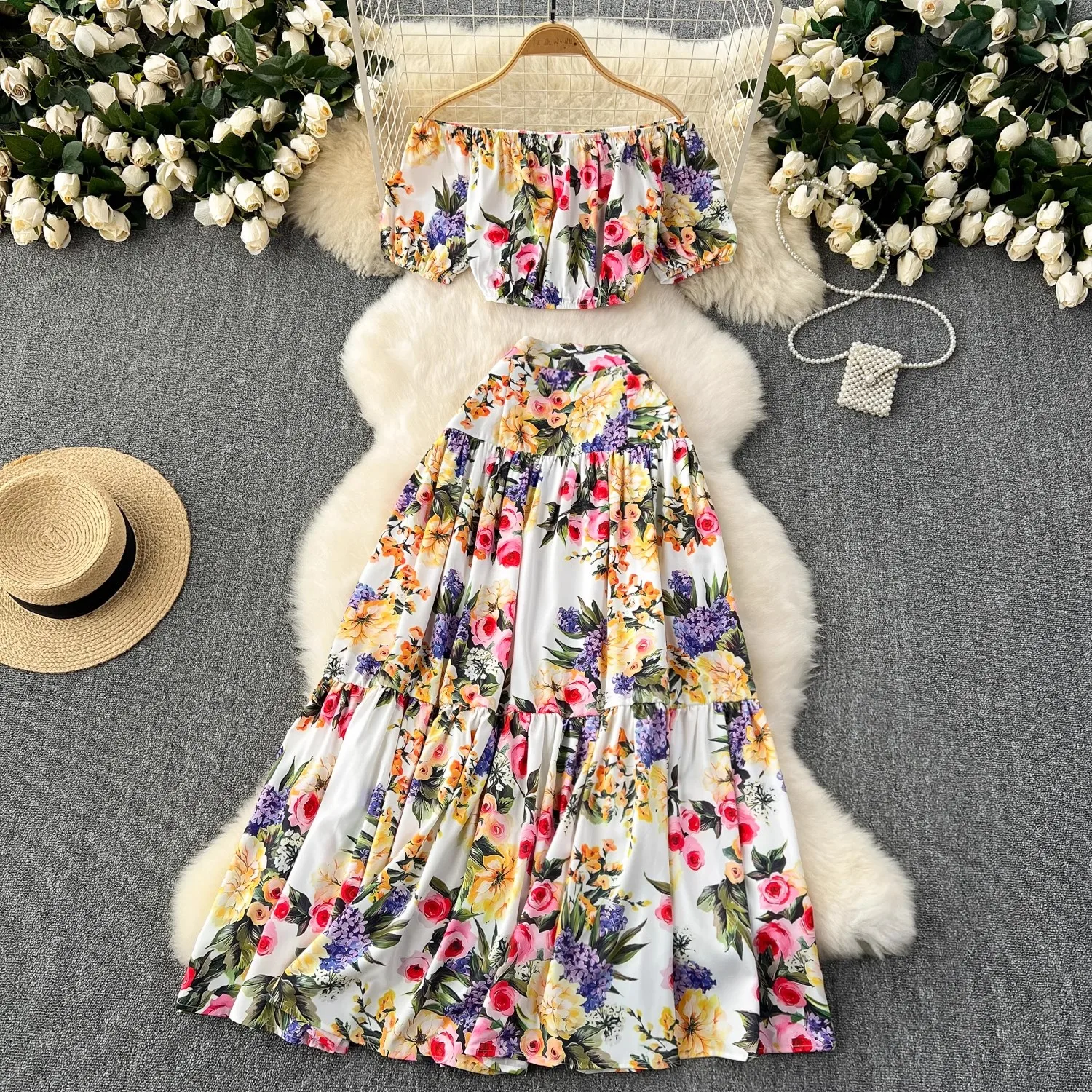 Summer Holiday Flower Two Piece Set Women\'s Sexy Off Shoulder Short Crop Tops + Floral Print Long Skirt Suit Outfits 638