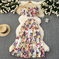 Summer Holiday Flower Two Piece Set Women's Sexy Off Shoulder Short Crop Tops + Floral Print Long Skirt Suit Outfits 638