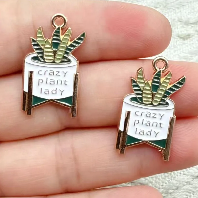 10pcs Green Plant Potted Cactus Charms Metal Alloy Enamel Pendant For DIY Handmade Accessories Necklace Jewelry Making Supplies