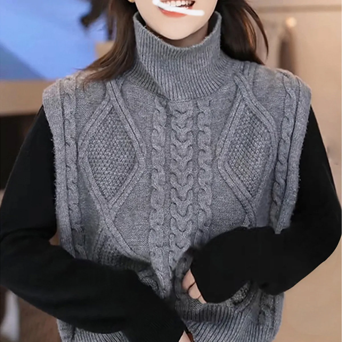 سترة نسائية محبوكة ناعمة ومريحة يمكن ارتداؤها على الوجهين سترة f تصميم ذو ياقة عالية للتنقل بطول طويل