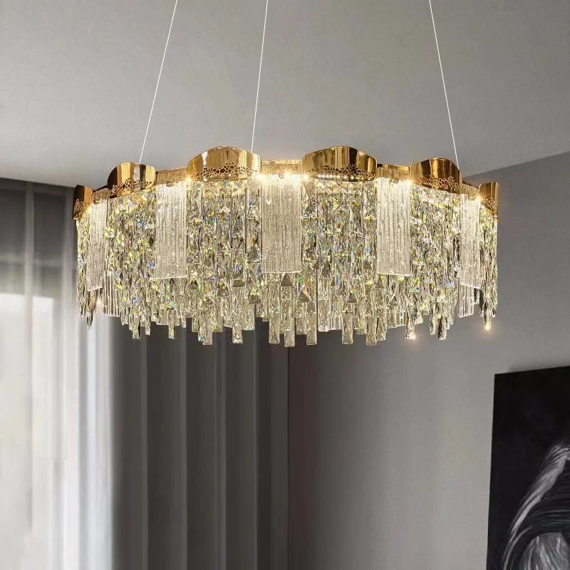 High end luxury indoor restaurant, luxury villa hotel, grand living room, main light, circular crystal LED pendant light