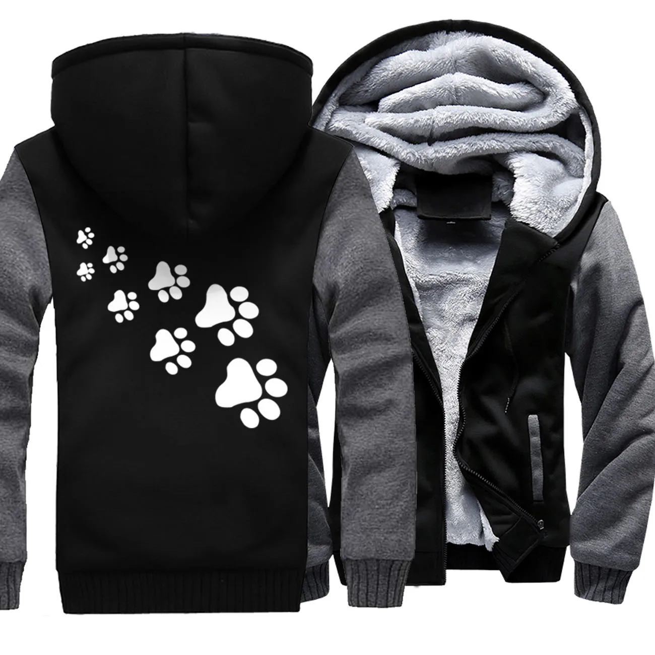 Funny Kawaii Cat Paws Print Cute Male Hoodies Fashion Thicken Hoody Street Zipper Warm Clothing Comfortable Sport Men Sweatshirt