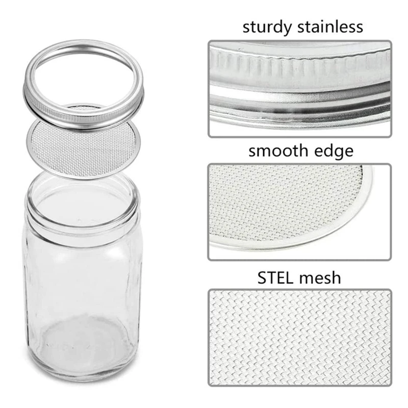 4 Piece Sprouting Jar Lid Silver Stainless Steel 86Mm For Wide And Wide Mouth Mason Jar For Growing Sprouts