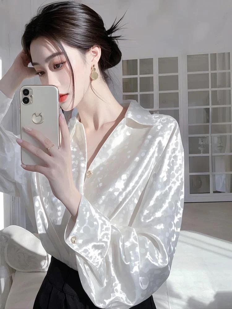 

New Chinese Style V-neck Shirt Women's Luxury Satin Embroidery Top Spring Autumn Casual Loose Fit Long Sleeve Button up