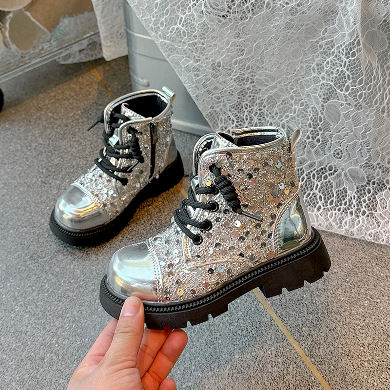 Girls\' Doc Martens New Sequined Silver Casual Shoes for Kids Sizes 26-36 Stylish All-match Non-slip Ankle Boots for Kids Shoes