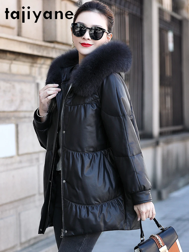TAJIYANE Real Sheepskin Puffer Jacket Women Fox Fur Collar Duck Down Coat Genuine Leather Jackets 2025 Winter Clothes Woman 가죽자켓