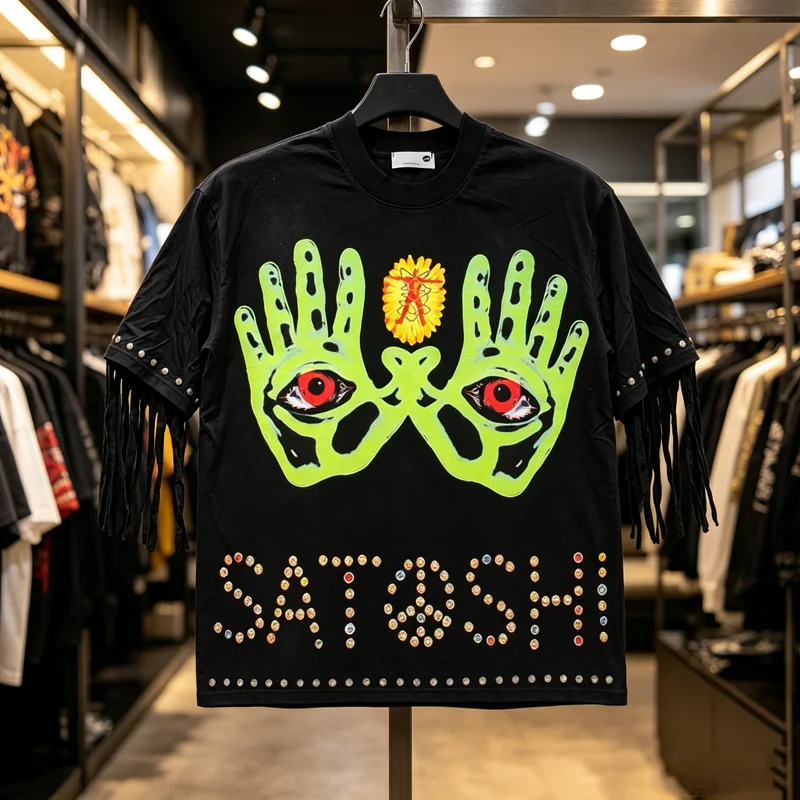Hip Hop Street Fluorescent Green Palm Eye Print SATOSHI T Shirt Men Women Retro Distressed Washed Short Sleeve Tee Tops