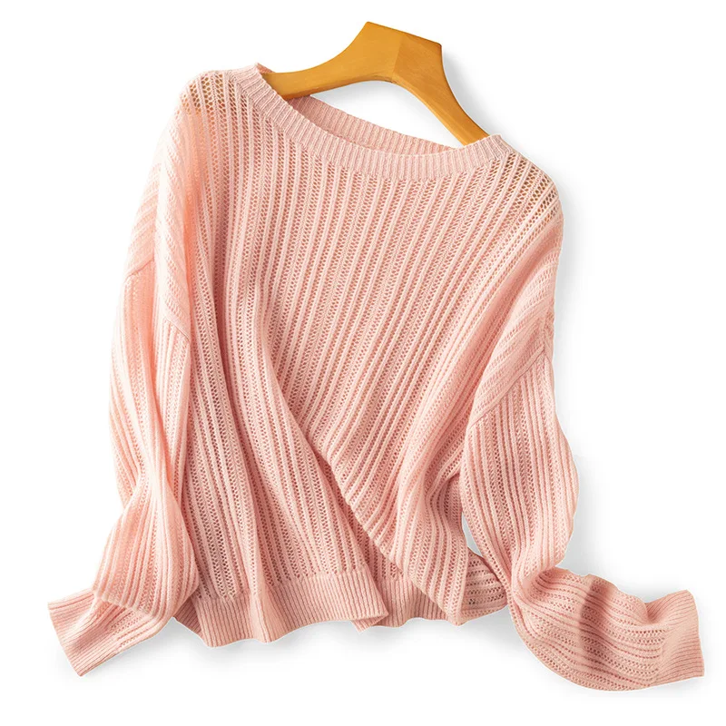 hollow jacquard fashion wool sweater top women yellow pullover clothes autumn jumper style striped womens tops pink knit cute