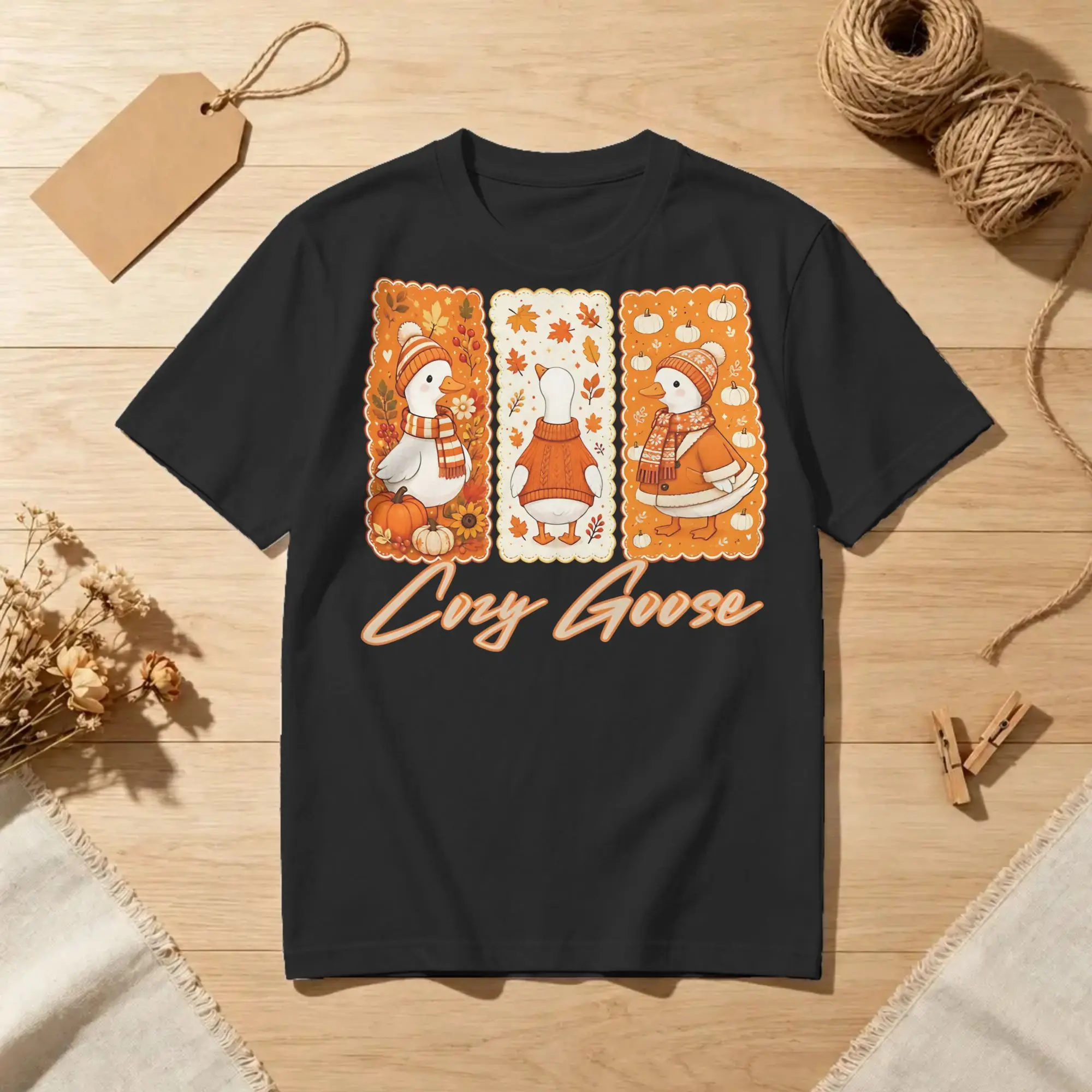 Camiseta de Algodão Unissex com Estampa de Patos Fofos de Outono, Gola Redonda, Manga Curta, Tamanhos Grandes, Coleção Outono Cozy Goose