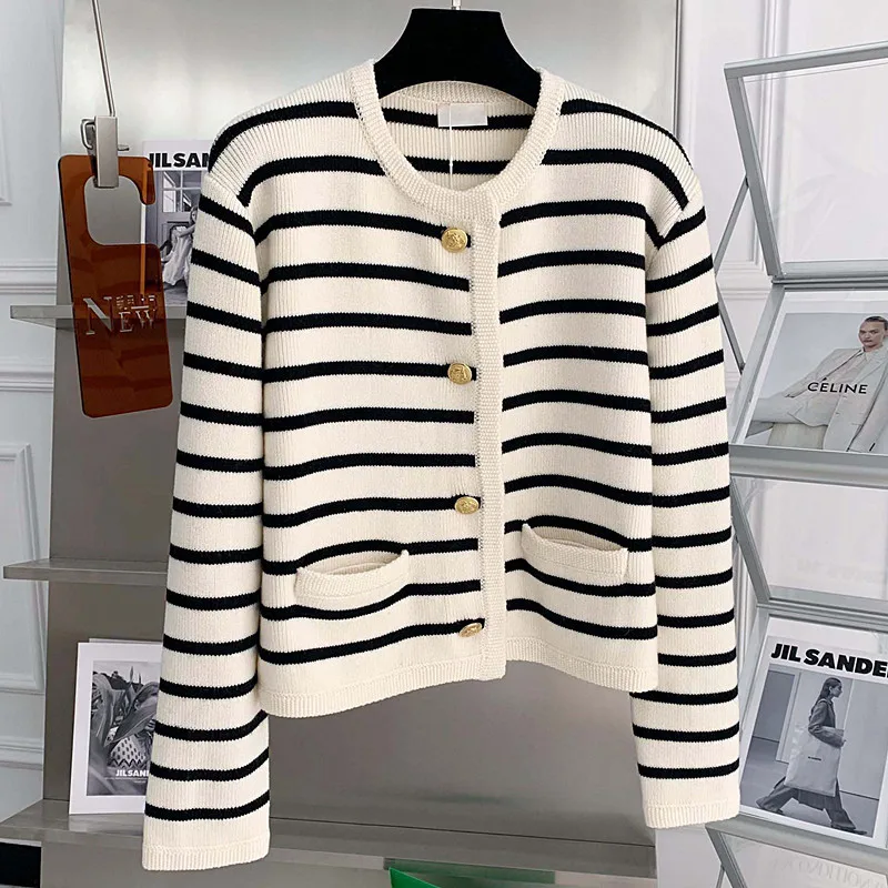 Gold Button Contrast Stripe Long Sleeve Top Small Fragrant Knitted Cardigan Sueter Womens Clothing Spring Autumn Sweater Coat