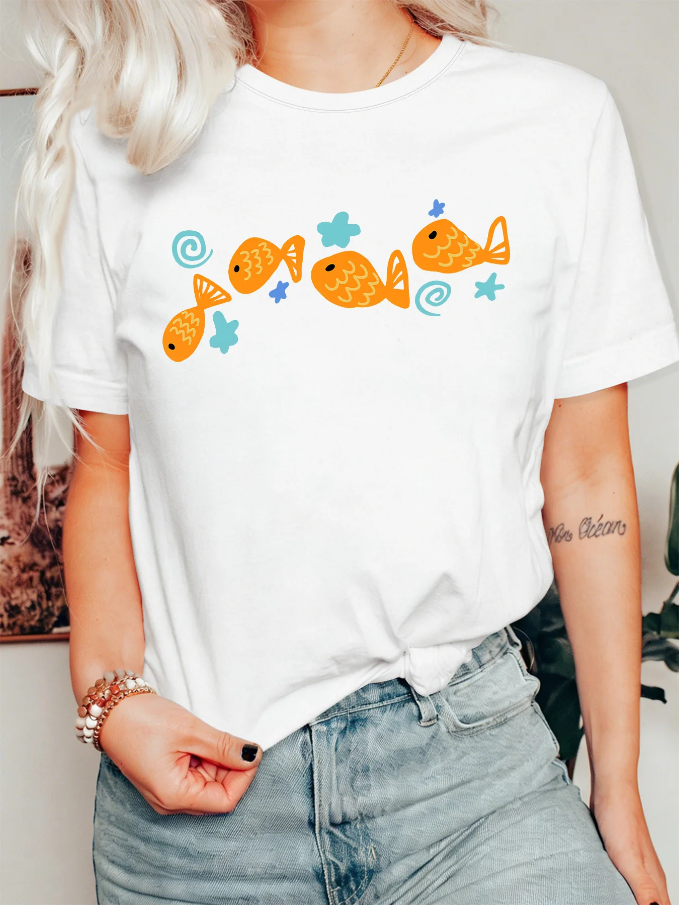Cute Orange Fish Womens T Shirt Colorful Ocean Sea Creature Cartoon Graphic Tee Short Sleeve Casual Daily Street Ladies Tops