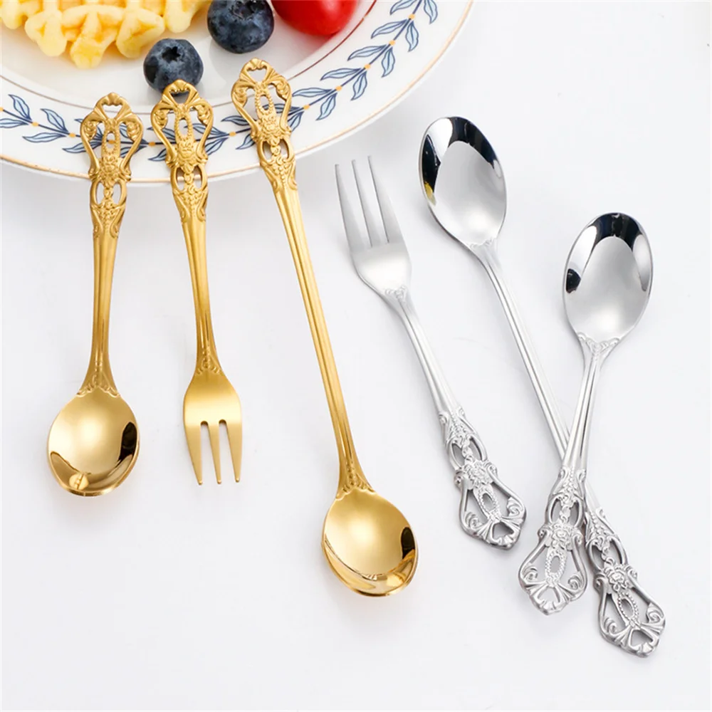 Dessert Teaspoons Long Handle European-style Carved Small Kitchen Accessories Snack Scoop Dinnerware Colorful Stainless Steel