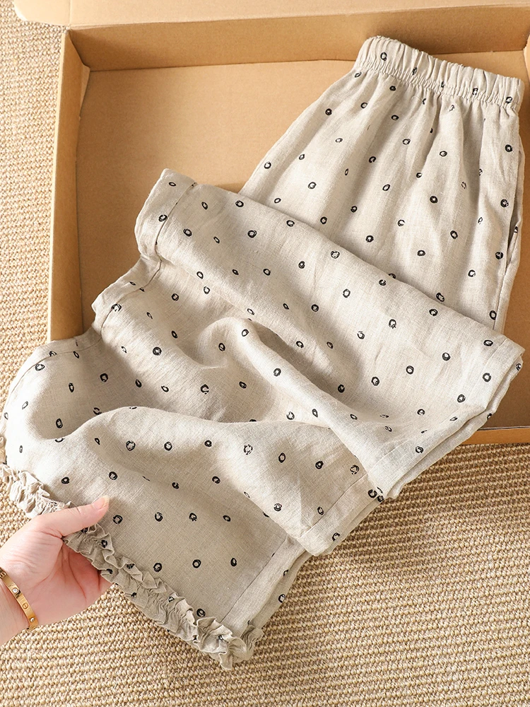 Summer Loose Feeling Large Size Cotton Linen Wide Leg Pants Women's Floral Lace  Checkered Pants High Waist Elastic Casua...