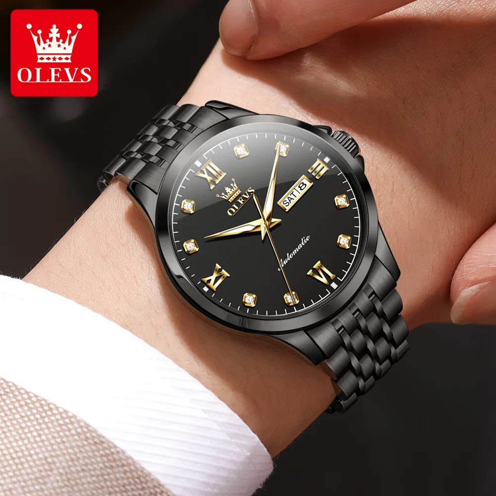 ساعات رجالية أصلية ماركة OLEVS مقاومة للماء من الفولاذ المقاوم للصدأ المضيء بتقويم مزدوج للأعمال ساعة ميكانيكية أوتوماتيكية للرجال #5