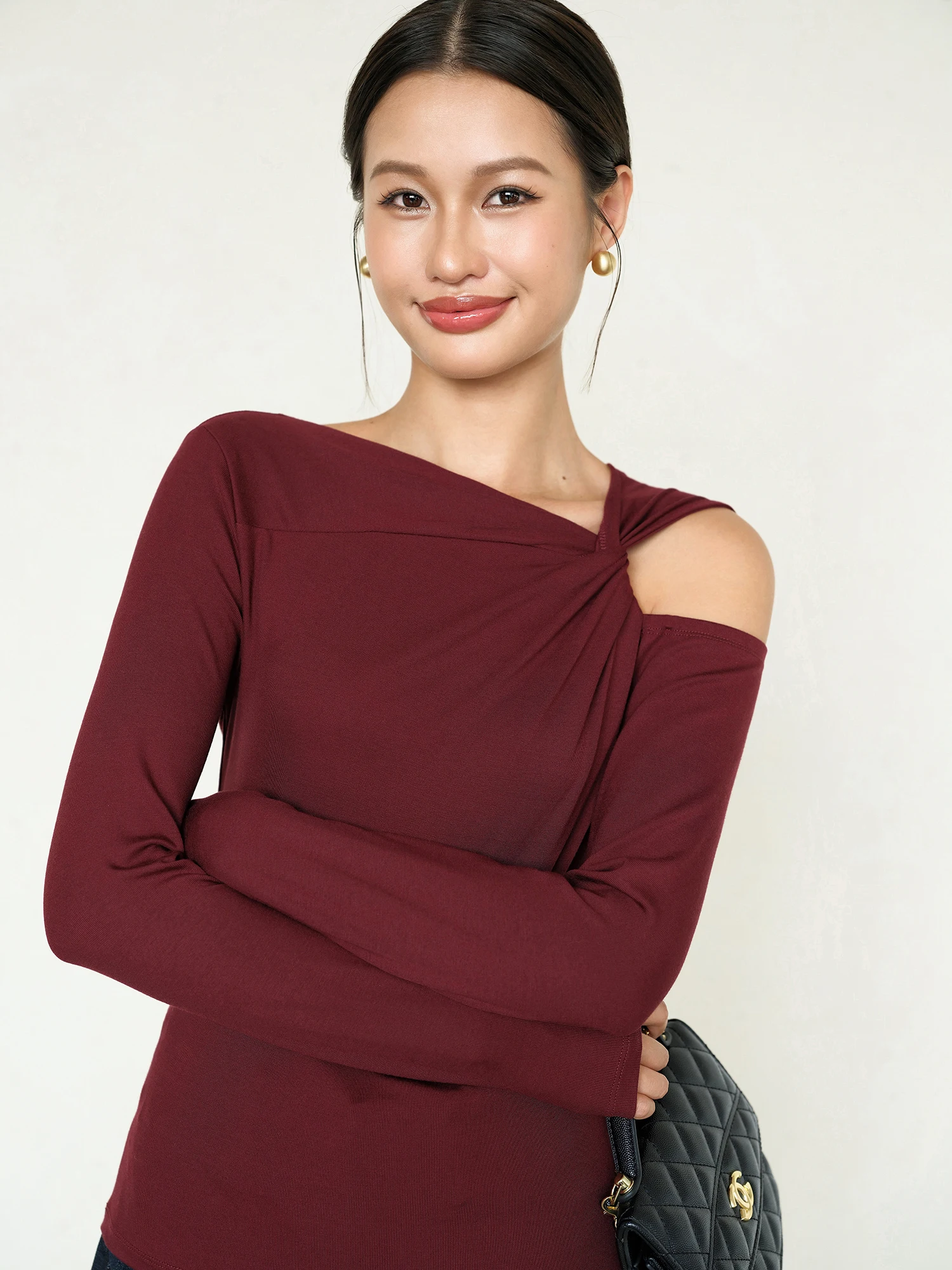 

Asymmetric Long Sve Knot Ne Slim Fit oulder Bared Base irt Top for Women Ousph OOT2896 Faion Ladies Knitted Wear