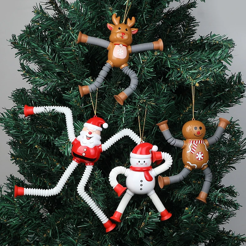 4Pcs Flexible Christmas Hanging Ornaments Set Santa Claus Elk Extendable Suction Cup Toy New Year Kids Gift Home Decoration