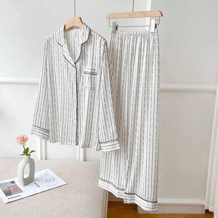 Tay Dài Pyjamas Thân Mật Quần Lót 2 Bộ Đồ Ngủ Bộ Đồ Nữ In Sọc Ngủ Bộ Drap Bọc Áo Váy Ngủ Nhà Quần Áo