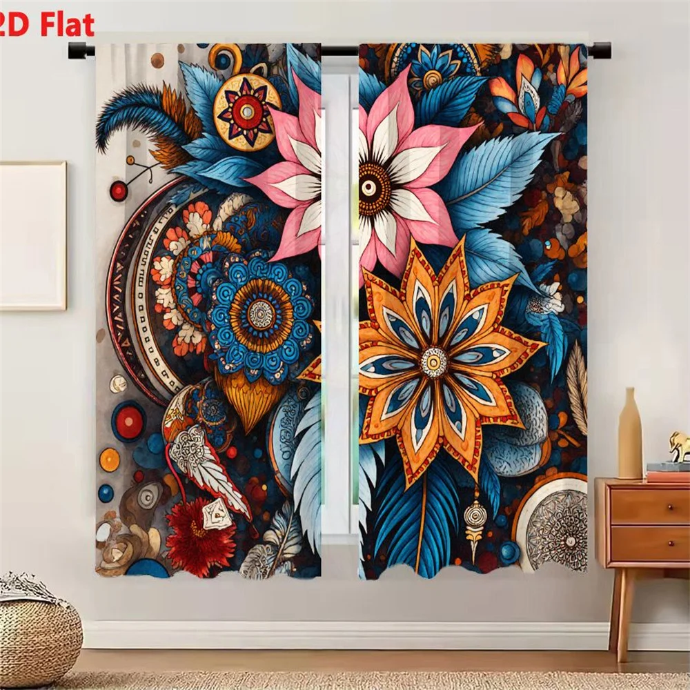 2Pcs Curtains 2D Flat Intricate Bohemian Floral Art Illustration with Pink Blue Orange Flowers Mandala Patterns and Decorative E