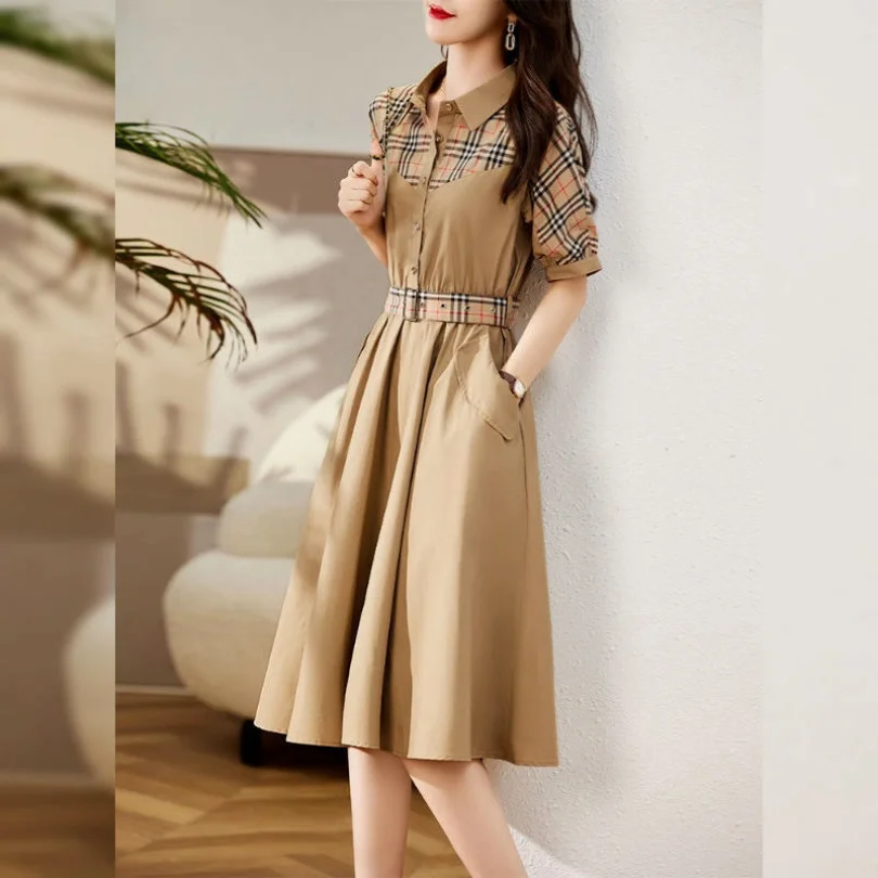 2023 primavera/estate edizione coreana New Fashion Checker Panel Dress POLO Collar vita vita Slim abito di media lunghezza