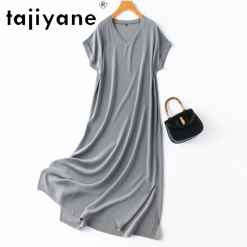 

TAJIYANE 100% Real mulberry silk Long Dresses Woman Summer 2026 Grey V-neck Dress Birthday Frocks Women Clothes платье женское