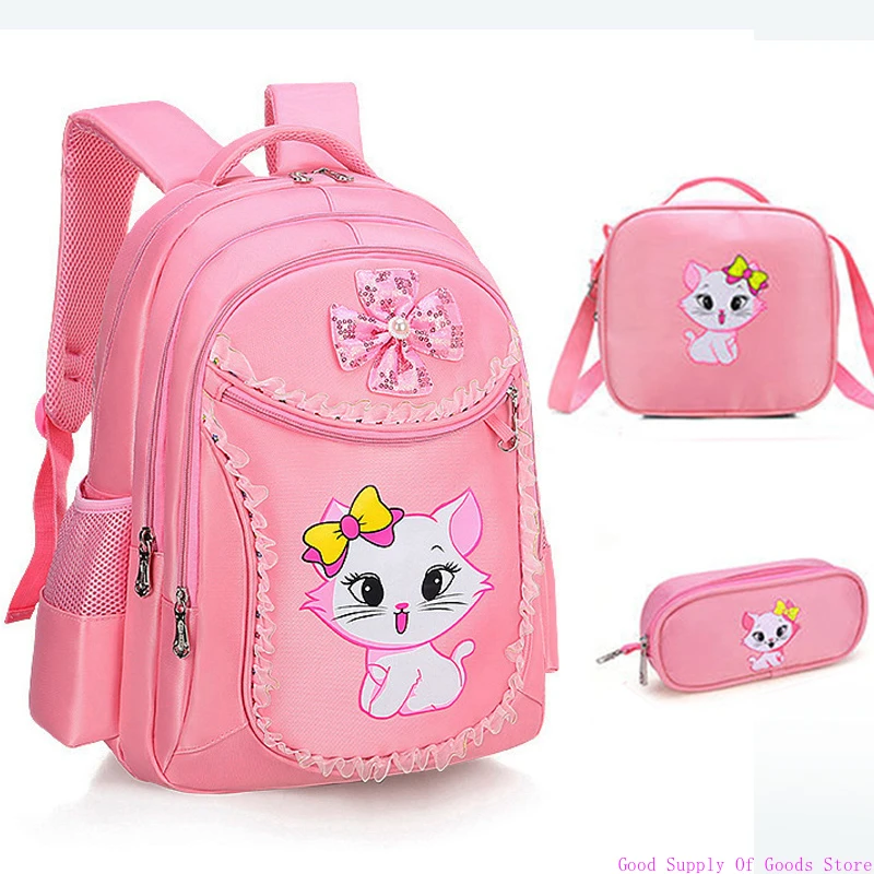 3Pcs Children Backpack+Lunch Bag+Pencil Case Cute Cat Kid School Bag Backpack Girl Student Teenagers Waterproof Primary Bookbag