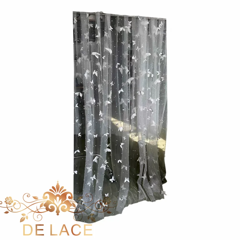 HYF Wykwintna koronka 3D z motylami, koraliki w kolorze kości słoniowej, miękka siateczka, koronka na suknię ślubną