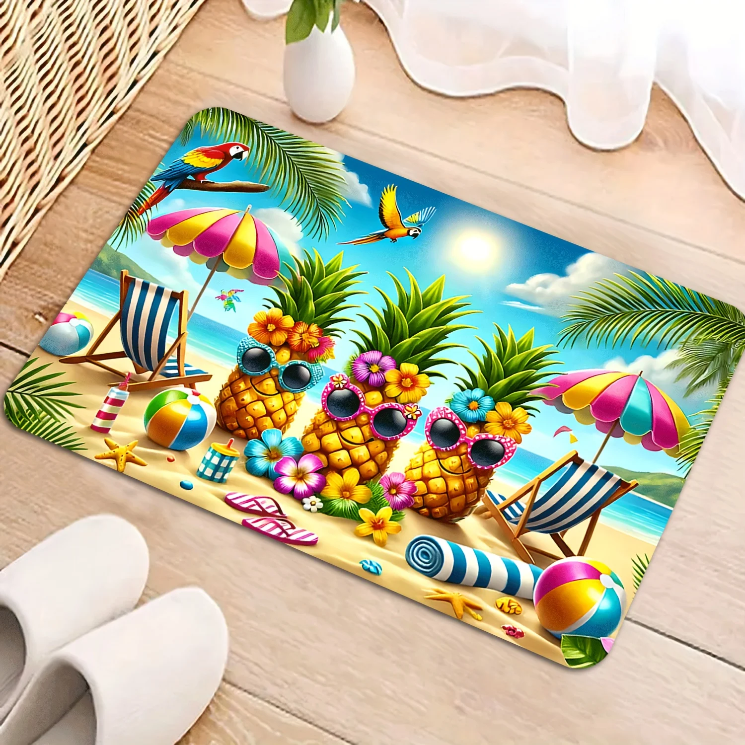 2D Flat Pineapples Sunglasses Beach Umbrella Summer Vacation Flannel Door Mat Non Slip Tropical Rug For Entryway Bathroom Floor