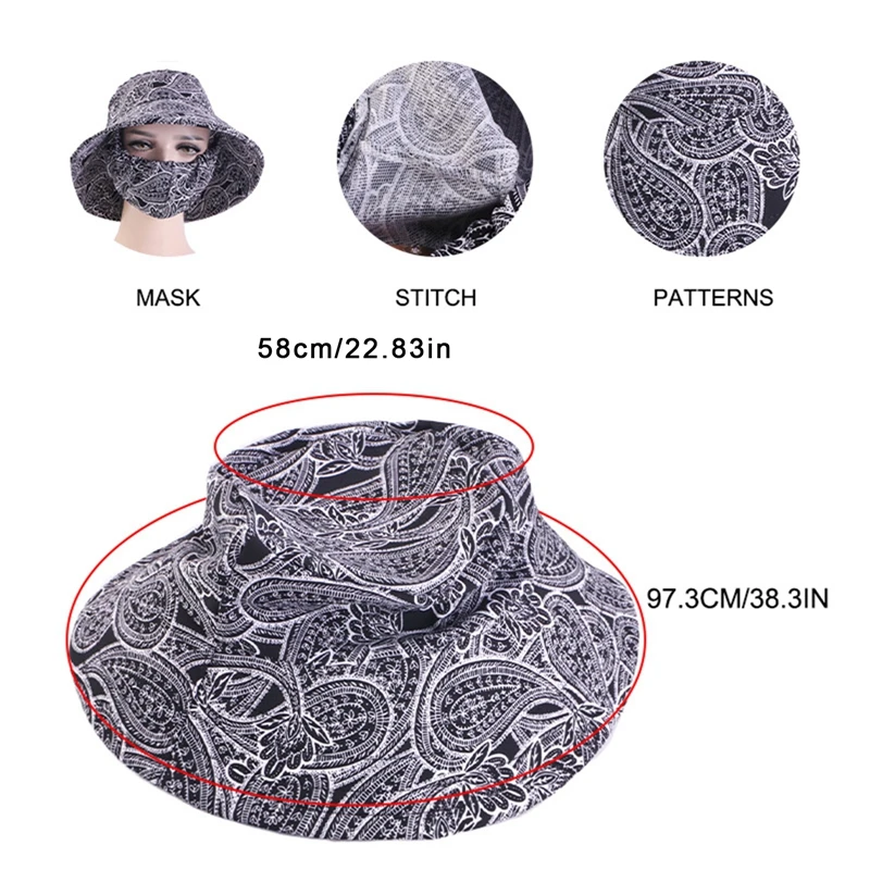 Summer Face Protection Removable Face Mask and Sunscreen Wide Brim Bucket Hat For Women Printed Sun Hat Out Sport Cycilng