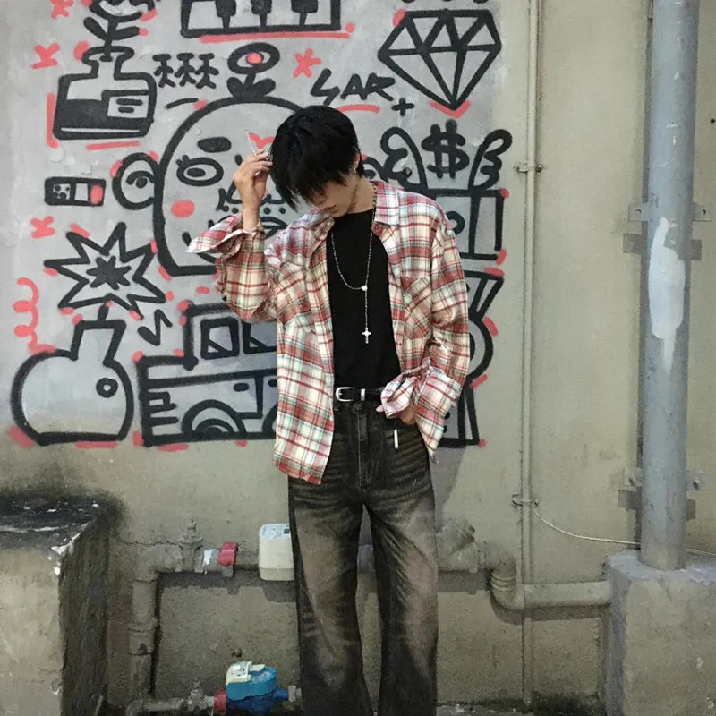 

Red Plaid Long Sve Men's Casual irt Vintage American Sle Premium Feeling Cool Cheered irt Loose Fit Polyester Fiber