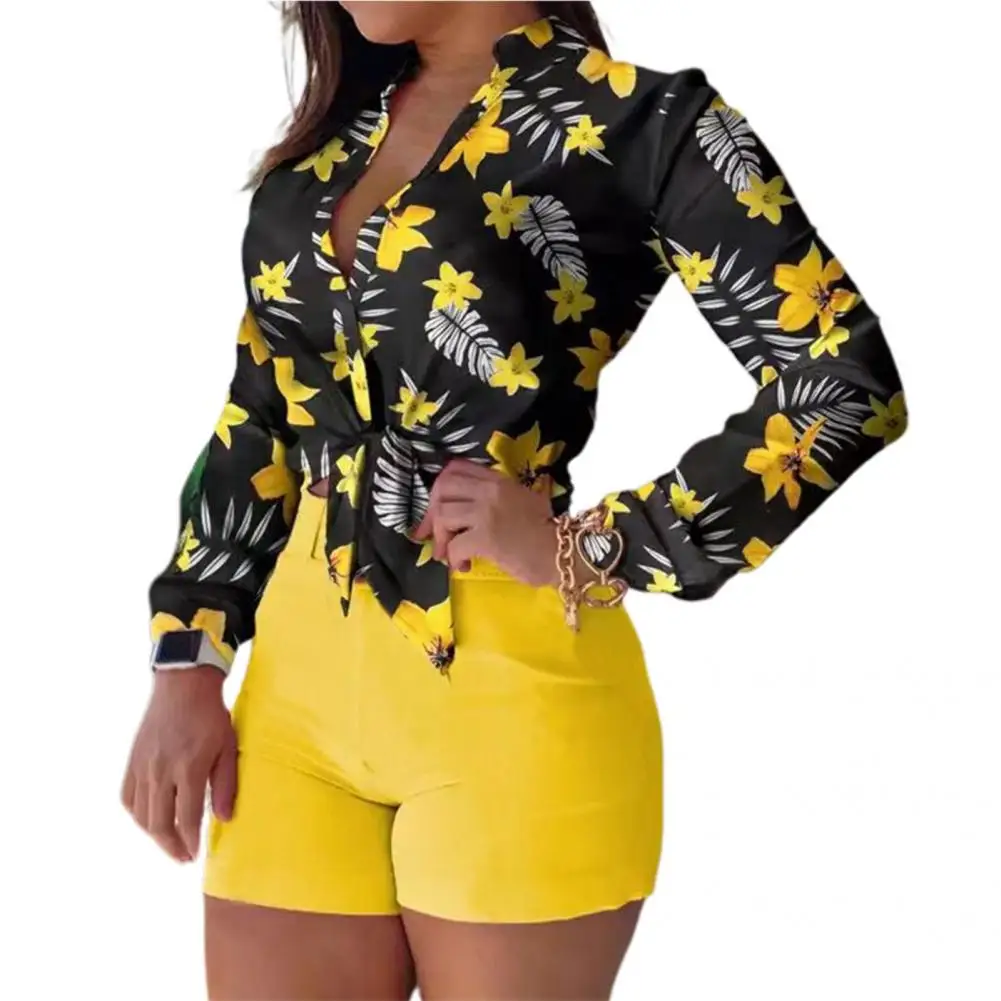 1 Set Women Blouse Shorts Suit Floral Spring Summer Printed Blouse Pure Color Shorts Office Ladies Shirt Shorts