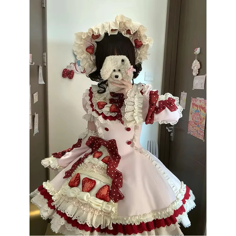 Y2K Pink Strawberry Cake Girl Heart Lolita Sweet Skirt Daily Short Sleeve Ancient Princess Dress Flower Girls Vitange Clothes