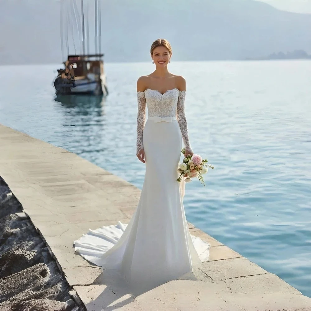 Customized Elegant Sweetheart Neckline Detachable Sleeves Backless Mermaid Sweep Train Wedding Dresses Bow Sashes Bridal Gowns